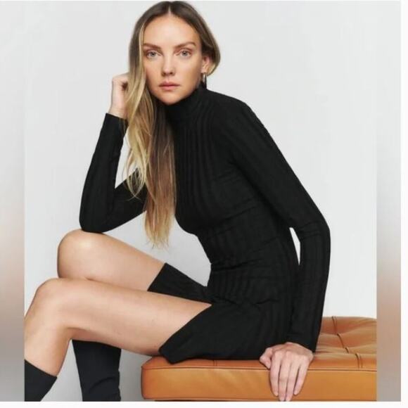 Reformation Sz XS Libra Ribbed Knit Dress Long Sleeve Black - Picture 1 of 7